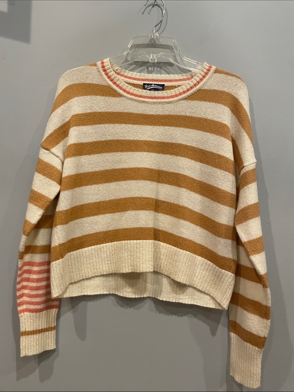 Striped Cream- mustard crewneck Sweater with pink at neck & sleeve - Picture 2 of 4